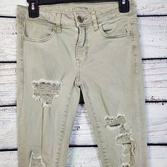 American Eagle Women’s Jegging Size 4 Distressed Olive Green Level Stretch - Picture 2 of 9